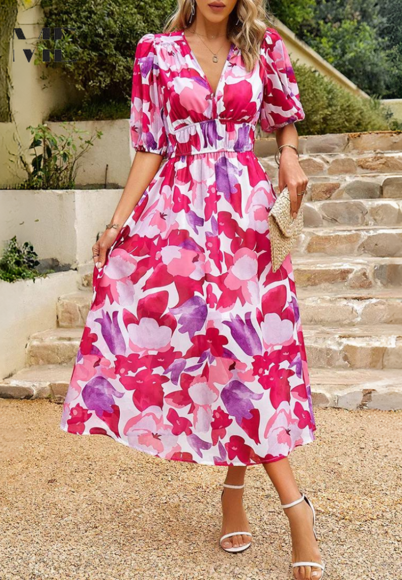 Roxanne | Elegant Floral Midikleid with Puff Sleeves