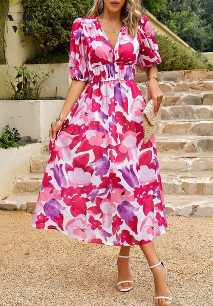 Roxanne | Elegant Floral Midikleid with Puff Sleeves