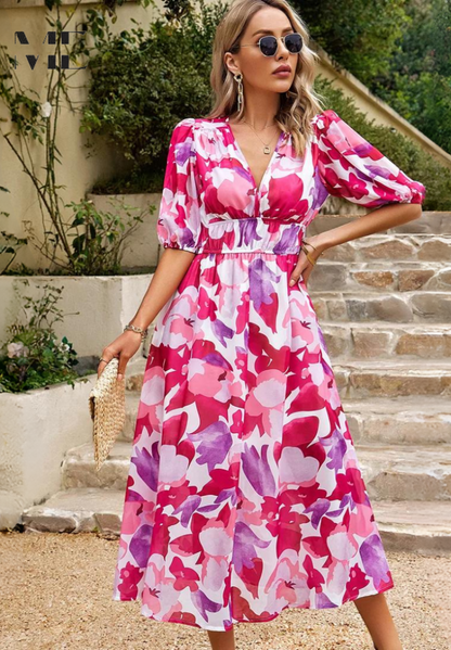 Roxanne | Elegant Floral Midikleid with Puff Sleeves