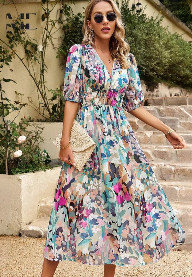 Roxanne | Elegant Floral Midikleid with Puff Sleeves