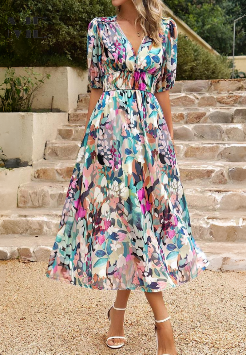 Roxanne | Elegant Floral Midikleid with Puff Sleeves