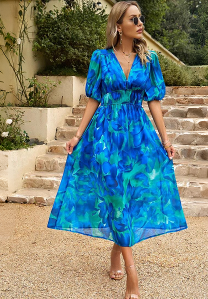 Roxanne | Elegant Floral Midikleid with Puff Sleeves