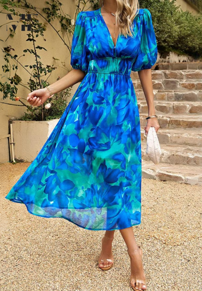 Roxanne | Elegant Floral Midikleid with Puff Sleeves