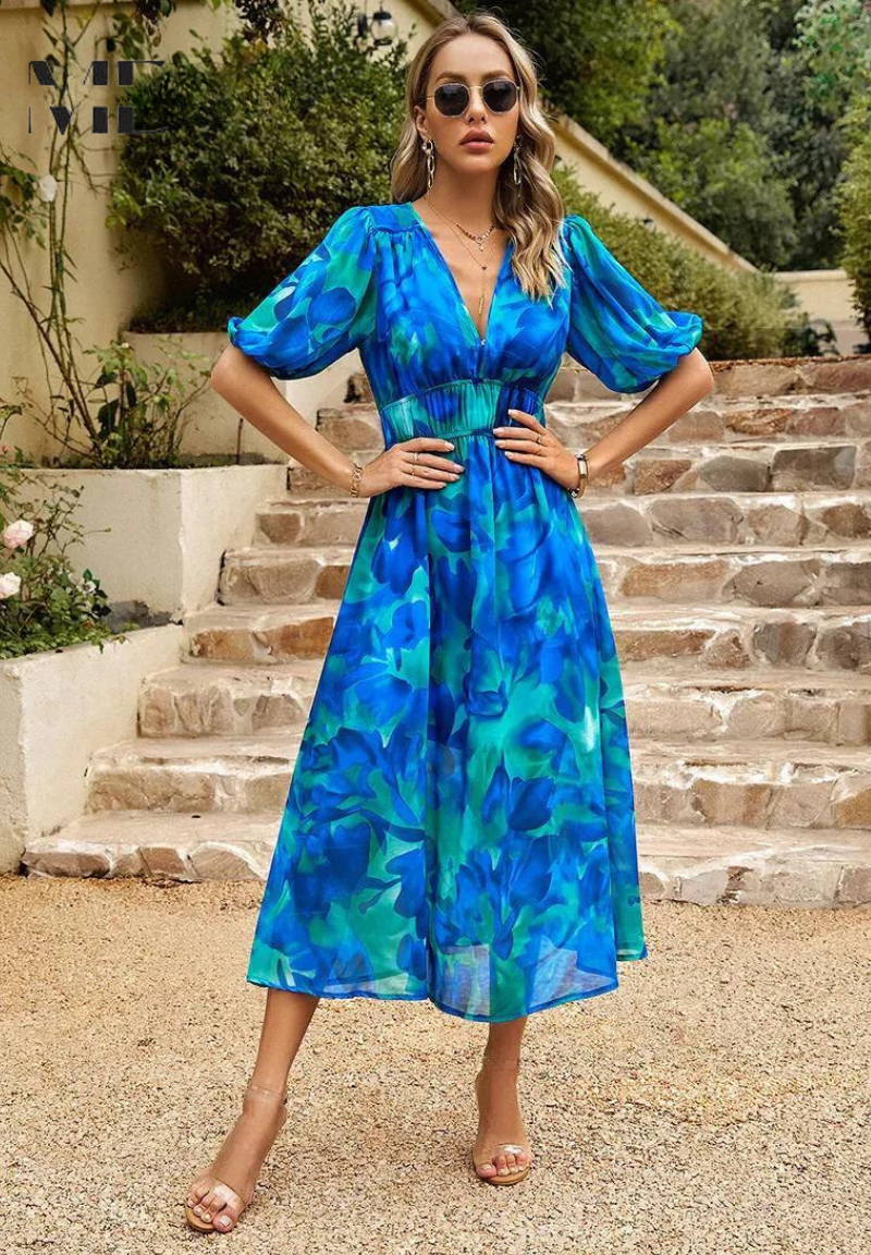 Roxanne | Elegant Floral Midikleid with Puff Sleeves