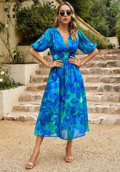 Roxanne | Elegant Floral Midikleid with Puff Sleeves
