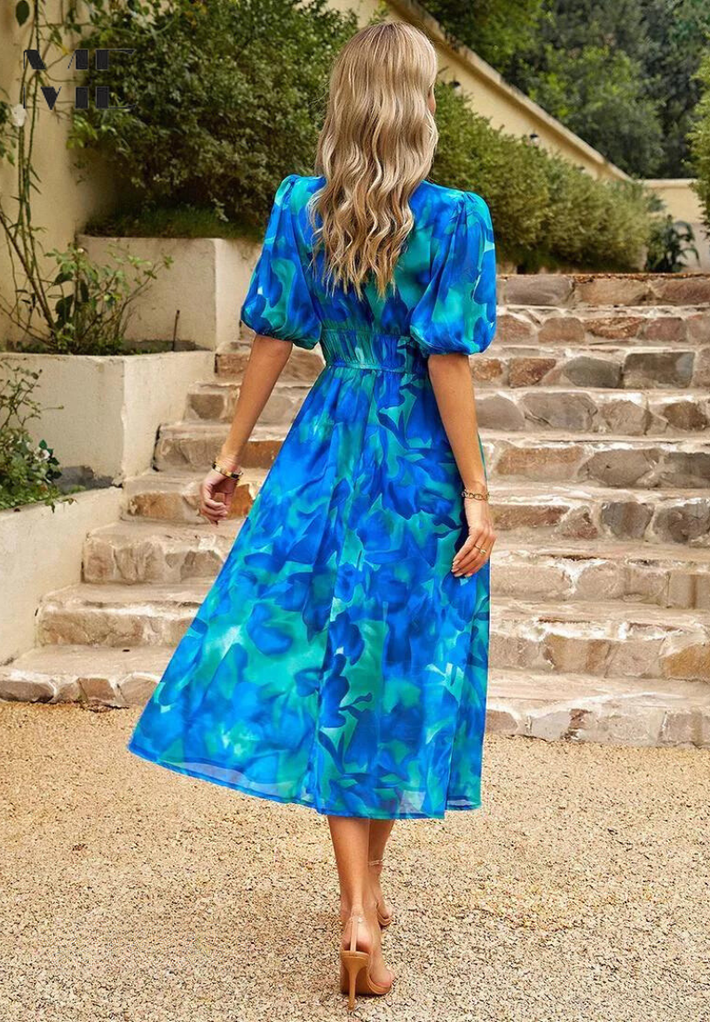 Roxanne | Elegant Floral Midikleid with Puff Sleeves