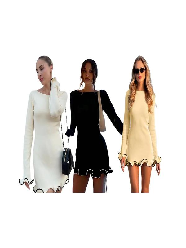 SARAH™ - Elegant Colorblock Wave Hem A-Line Long Sleeve Kleid