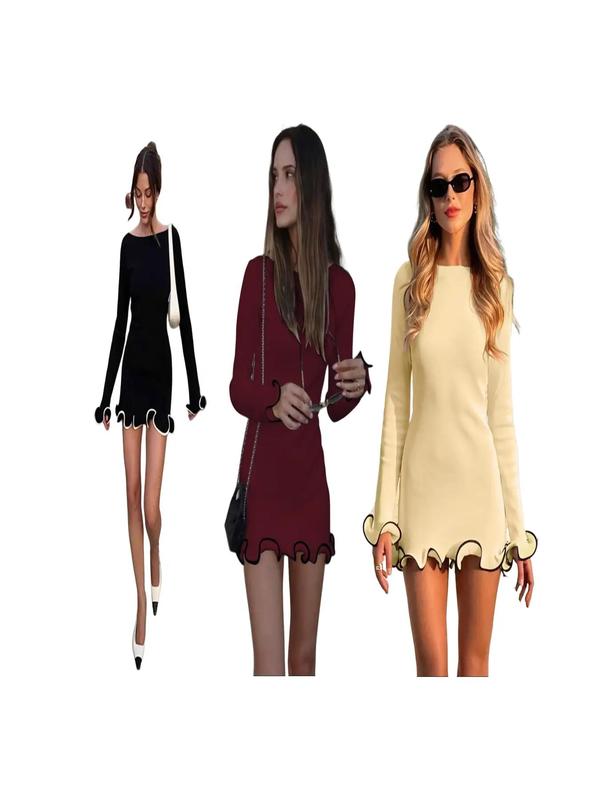 SARAH™ - Elegant Colorblock Wave Hem A-Line Long Sleeve Kleid