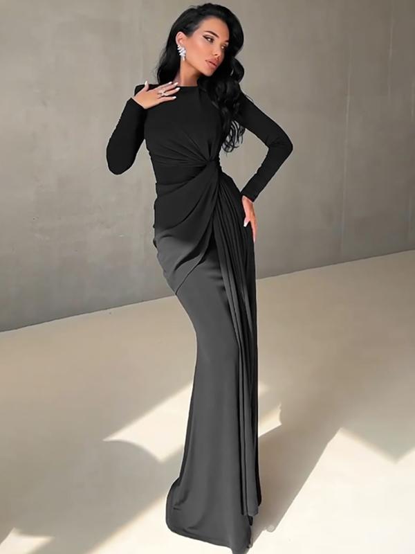 ANNA™ - Elegant Solid Color Ruched Padded Shoulder Bodycon Kleid