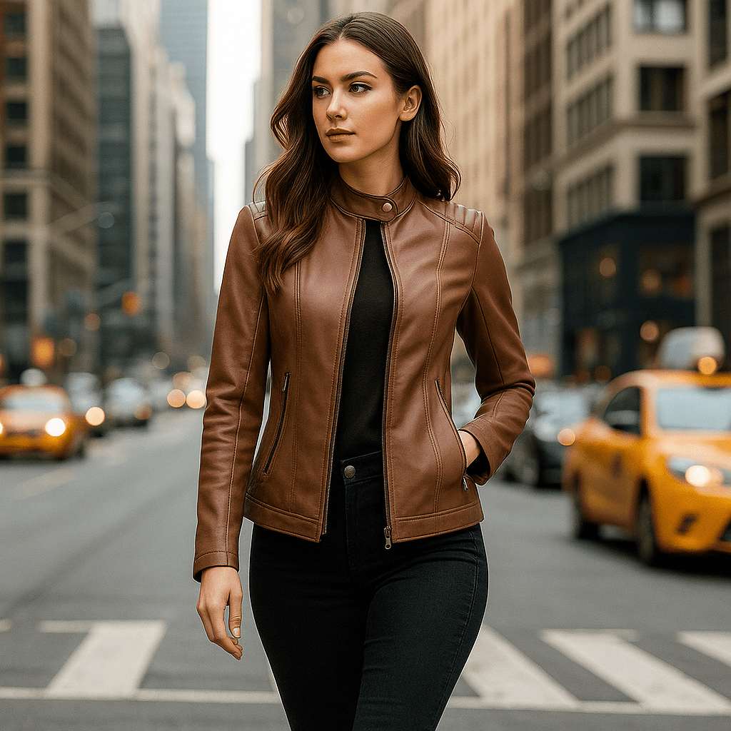 Damen Leather Jacket - Elegant Design - Mao Collar - Comfort