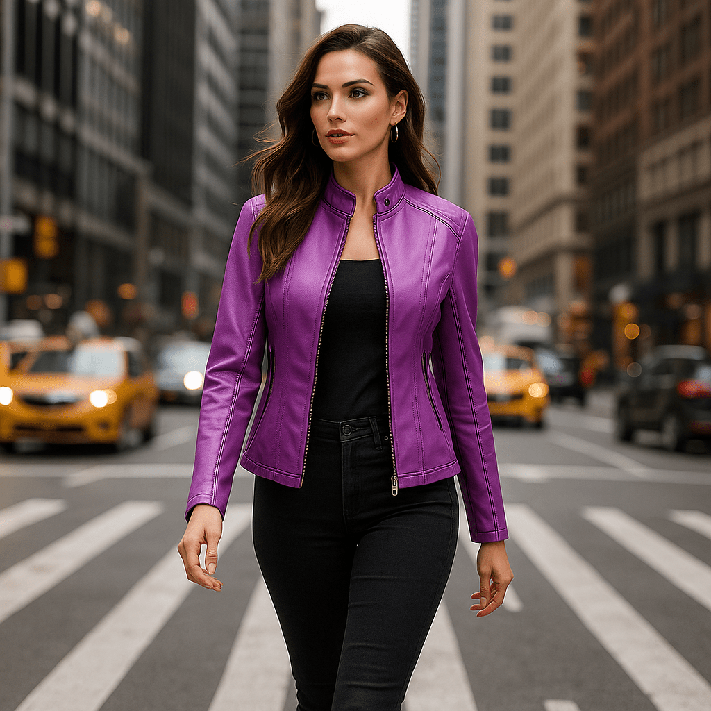 Damen Leather Jacket - Elegant Design - Mao Collar - Comfort