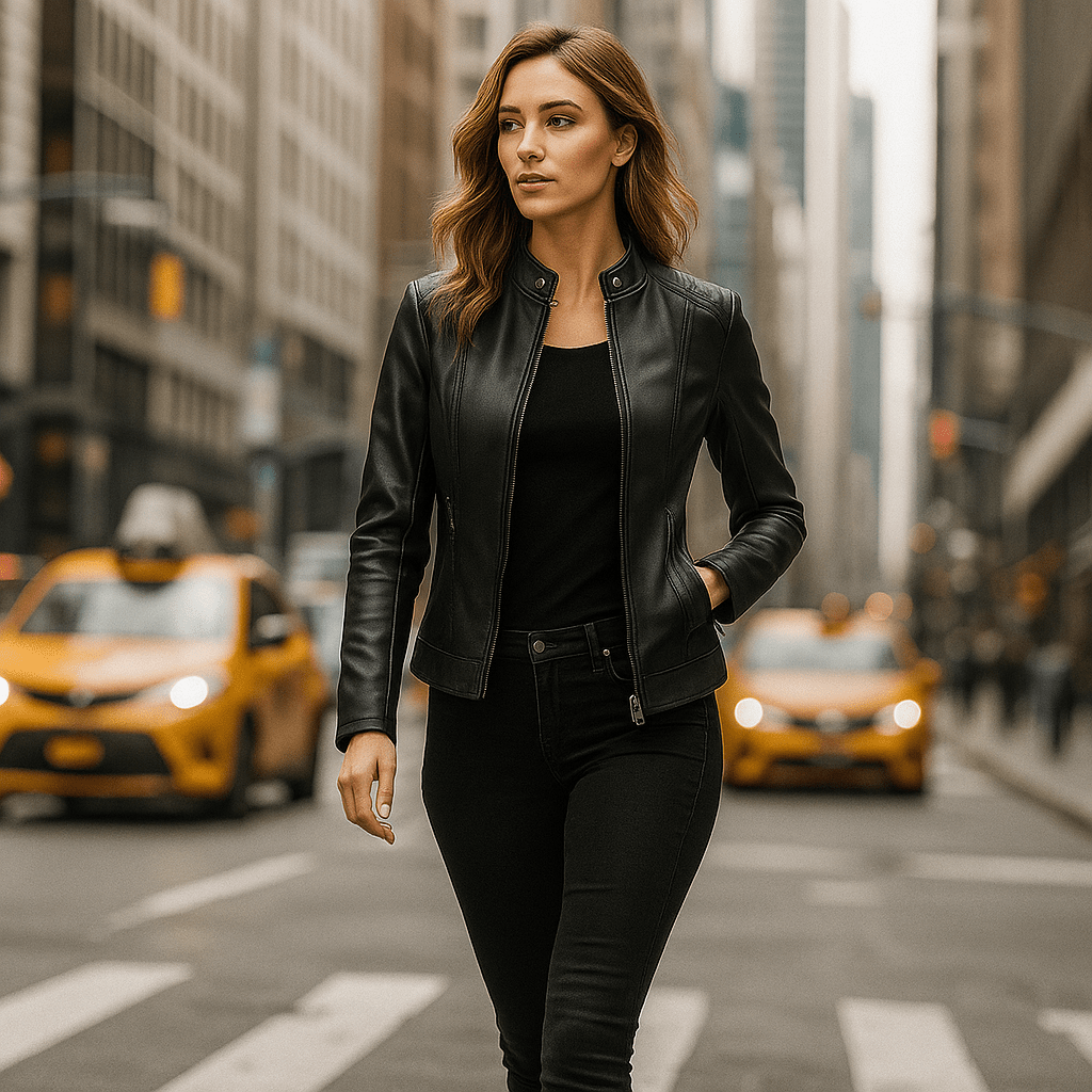 Damen Leather Jacket - Elegant Design - Mao Collar - Comfort