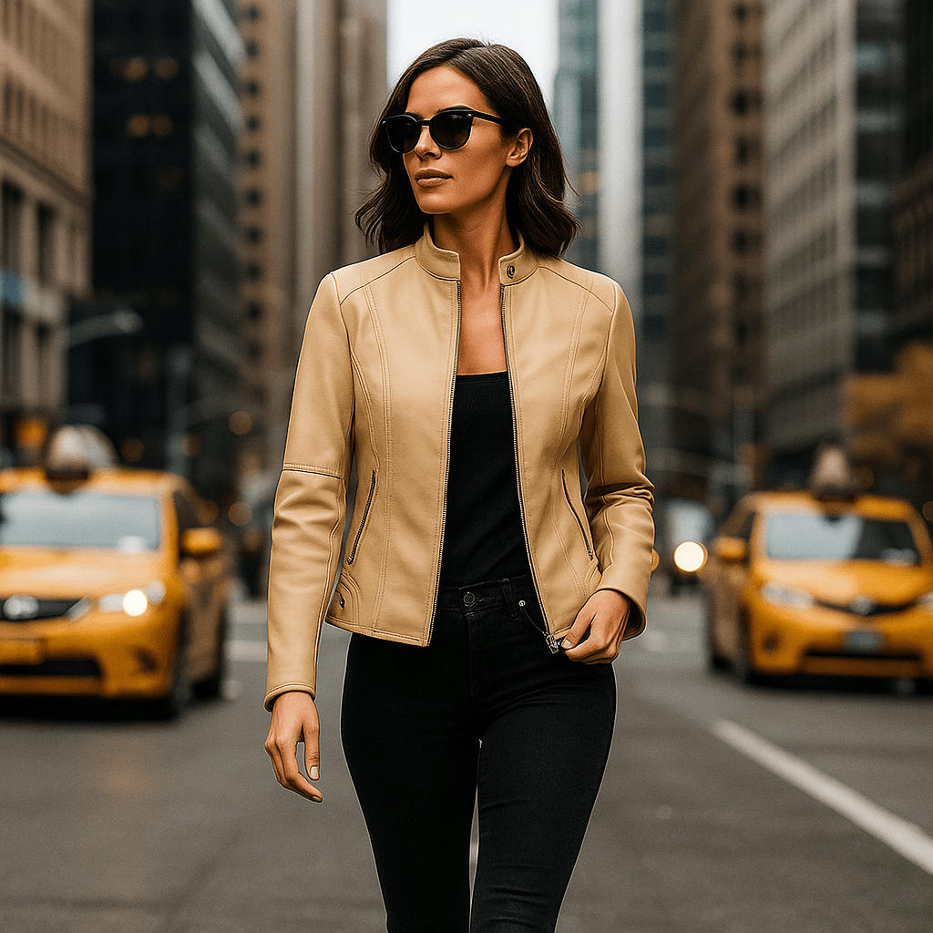 Damen Leather Jacket - Elegant Design - Mao Collar - Comfort