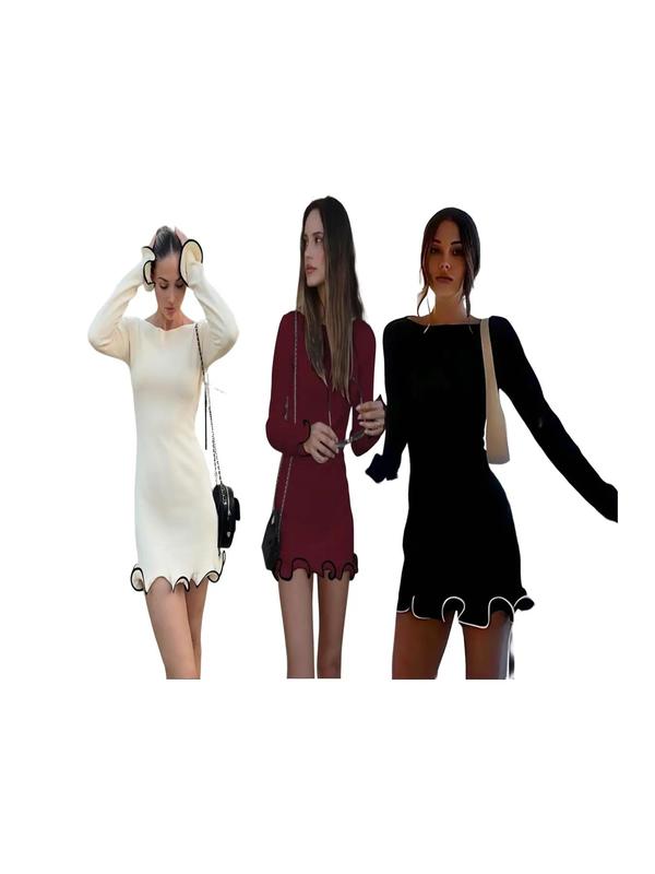 SARAH™ - Elegant Colorblock Wave Hem A-Line Long Sleeve Kleid