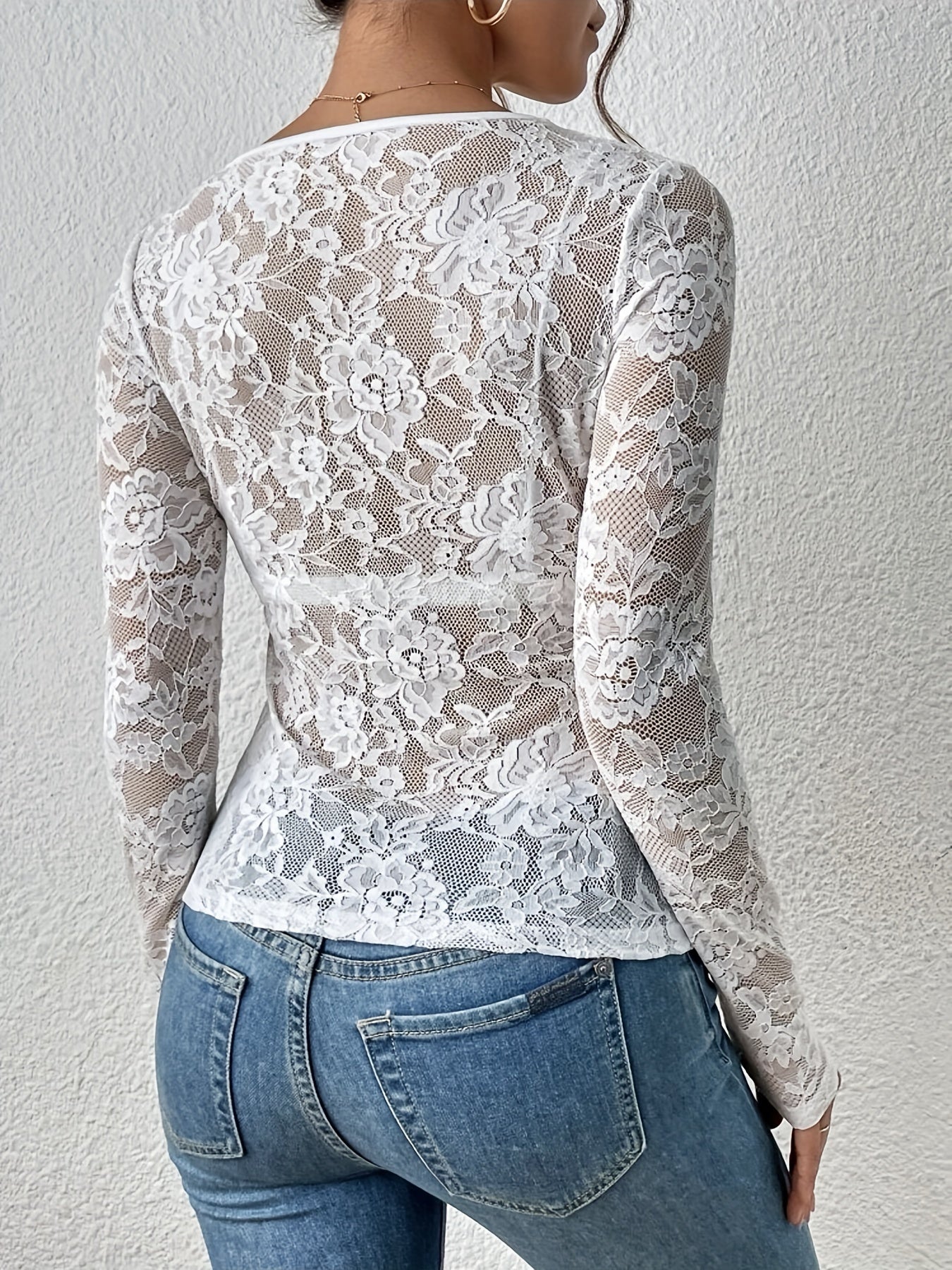 Damen’s Sheer Floral Lace V-Neck Long Sleeve Bluse