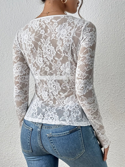 Damen’s Sheer Floral Lace V-Neck Long Sleeve Bluse