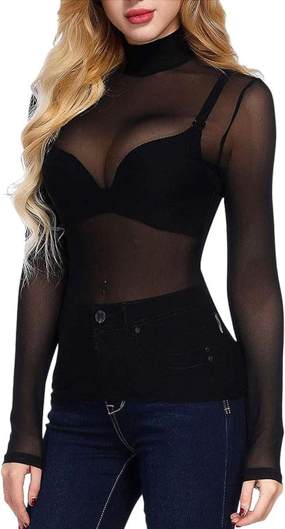 Tyla - Sheer Mesh Long Sleeve Damen’s Elegant Top