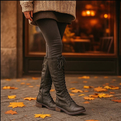 Damen Kniestiefel - Natural Leather - Lace-Up