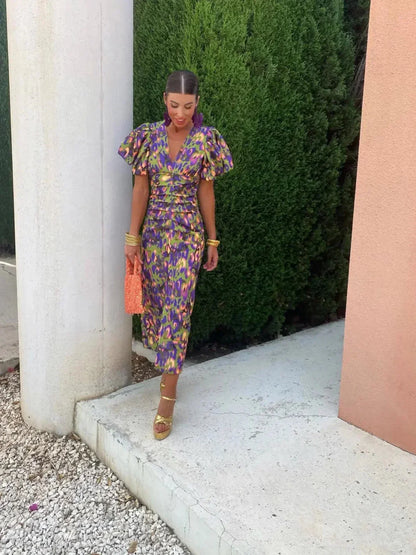 Dianna | Damen’s Elegant Puff Sleeve Printed Kleid